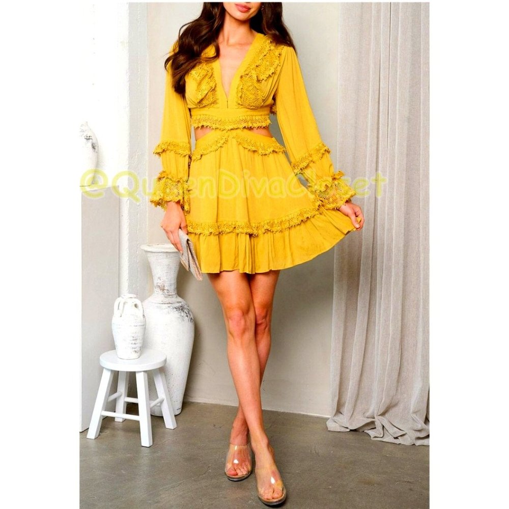 Yellow Gold Ruffle Lace Open Back Cut Out Frill Mini Dress - Picture 4 of 6